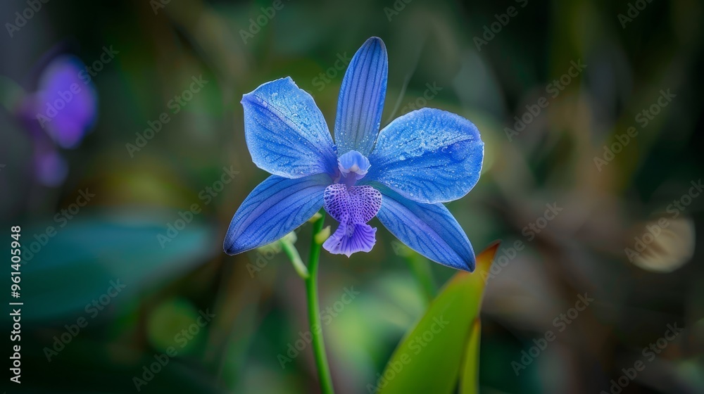 A tight shot of a blue blossom against a softly blurred backdrop of green and purple flowers A tight shot of a blue blossom against a softly blurred backdrop of green and purple flowers