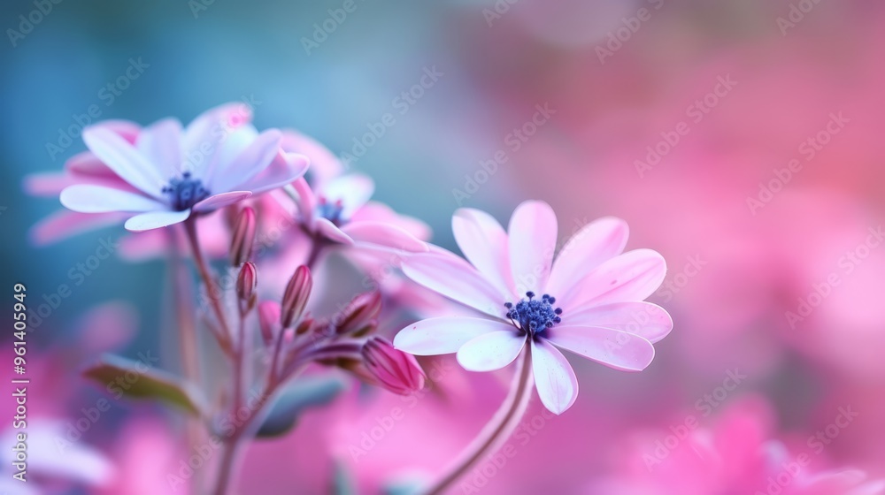 A tight shot of a cluster of flowers, with a softly blurred backdrop of pink and white blooms A tight shot of a cluster of flowers, with a softly blurred backdrop of pink and white blooms