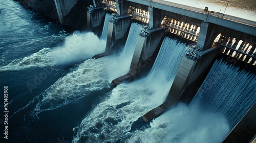 A wide-angle shot of a hydroelectric dam with flowing water reveals the power of nature and engineering working in harmony photo