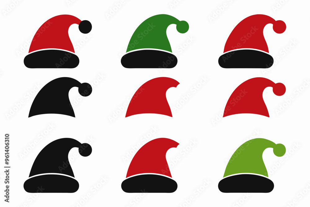 Christmas hat silhouette, santa claus hat icon set