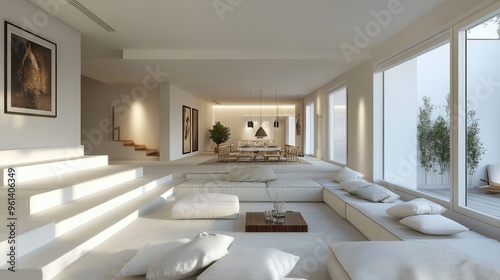 Modern Minimalist Living Room with Sunken Seating Area and Large Windows