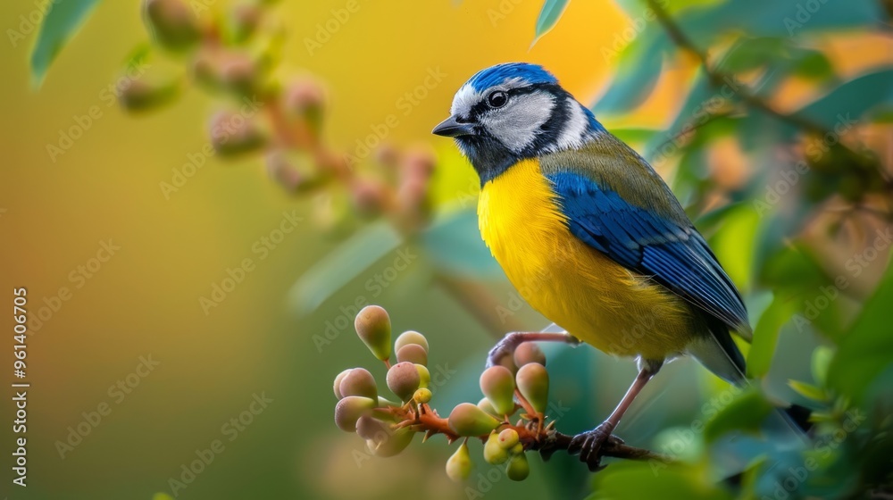 Obraz premium A blue-and-yellow bird perches on a tree branch, surrounded by berries in the foreground; background softly blurred