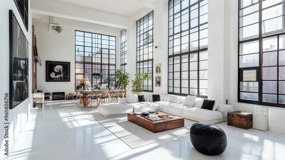 Fototapeta premium Modern Industrial Loft with Large Windows and Minimalist Interior Design