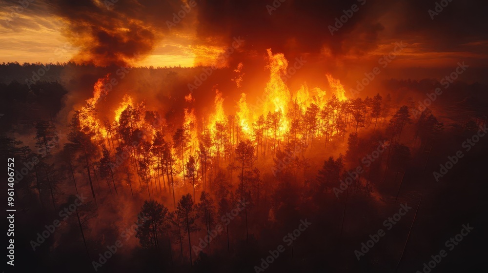 aerial view of raging forest fire captured by drone intense orange flames contrasting with dark smoke plumes and dense tree canopy below aerial view of raging forest fire captured by drone intense orange flames contrasting with dark smoke plumes and dense tree canopy below