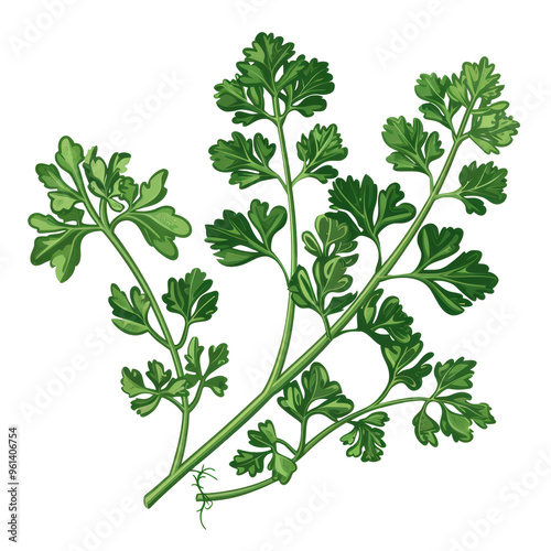 A realistic illustration of a sprig of fresh parsley with green leaves and stems, isolated on a white background.