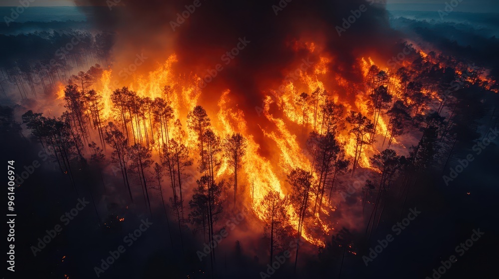 aerial view of raging forest fire captured by drone intense orange flames contrasting with dark smoke plumes and dense tree canopy below aerial view of raging forest fire captured by drone intense orange flames contrasting with dark smoke plumes and dense tree canopy below