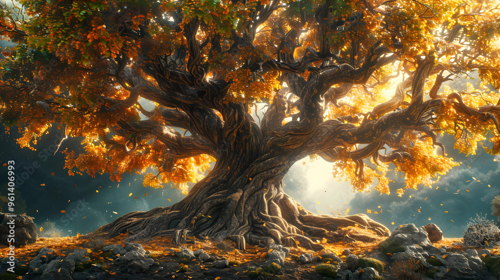 Autumnal Tree Illustration with Falling Leaves Autumnal Tree Illustration with Falling Leaves