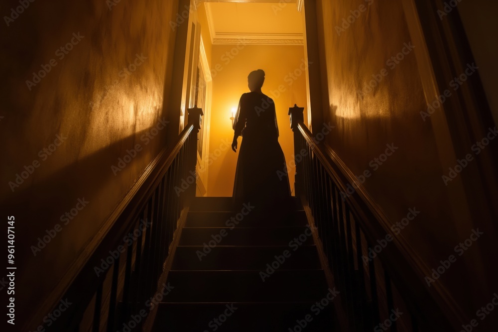 Woman in a long dress walks gracefully up creaky stairs in a spooky old ...