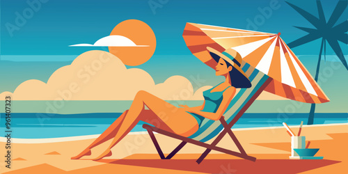Beautiful woman relaxing on a beach chair enjoying summer sunbathing on vacation