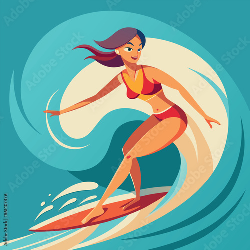 Silhouette of woman surfing on wave at sunset