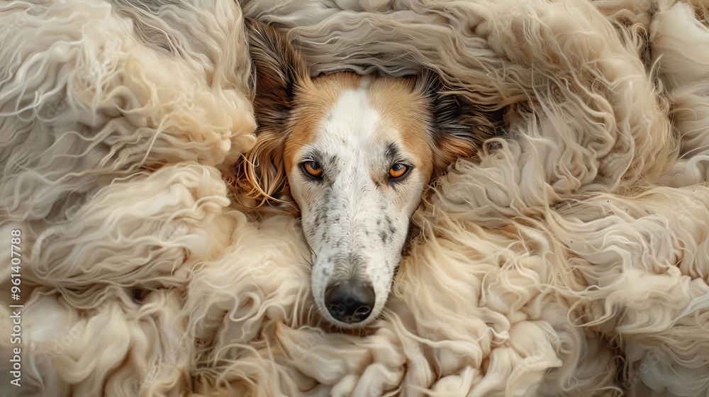 A brown-and-white dog reclines atop fluffy white blankets on a weathered wooden floor A brown-and-white dog reclines atop fluffy white blankets on a weathered wooden floor