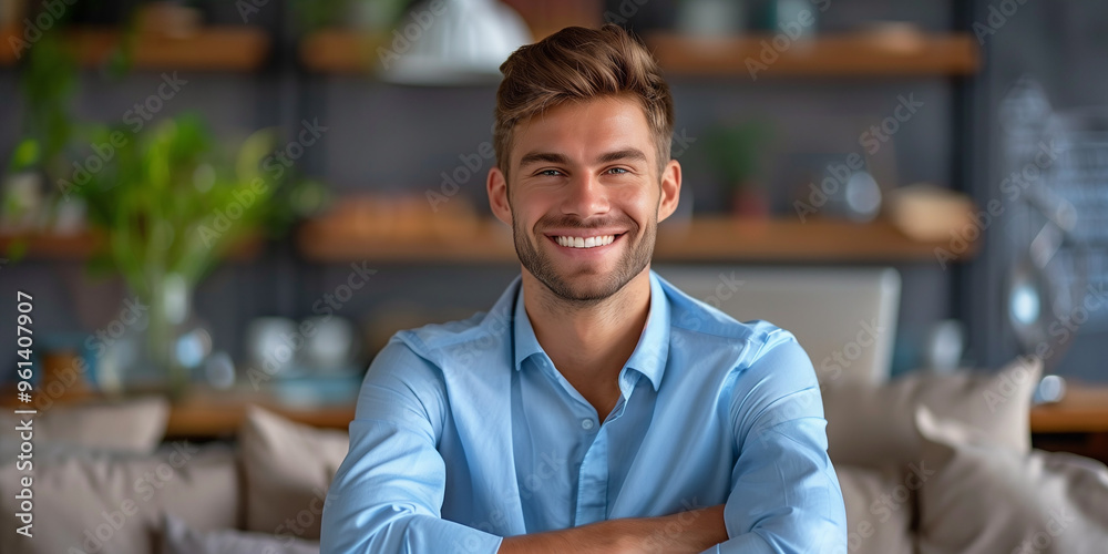Obraz premium young smiling professional workingin a sleek office with a laptop. Perfect for illustrating modern work culture, tech startups,