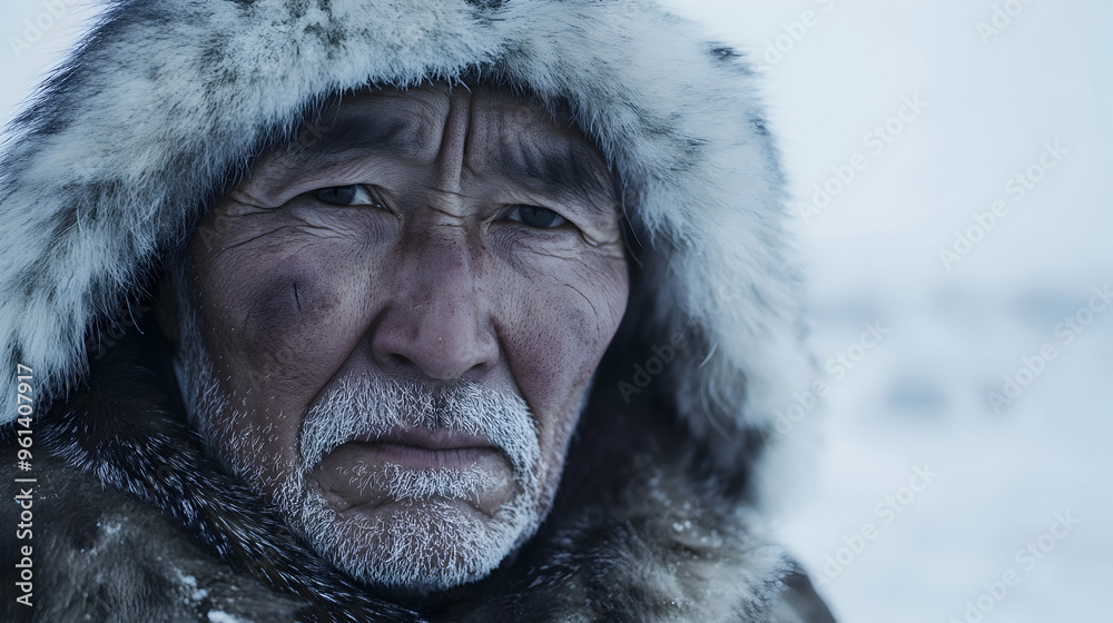 Portrait of a Siberian Chukchi elder with deep-set wrinkles, fur-lined traditional clothing, and a look of resilience, standing in front of a snow-covered tundra landscape Portrait of a Siberian Chukchi elder with deep-set wrinkles, fur-lined traditional clothing, and a look of resilience, standing in front of a snow-covered tundra landscape