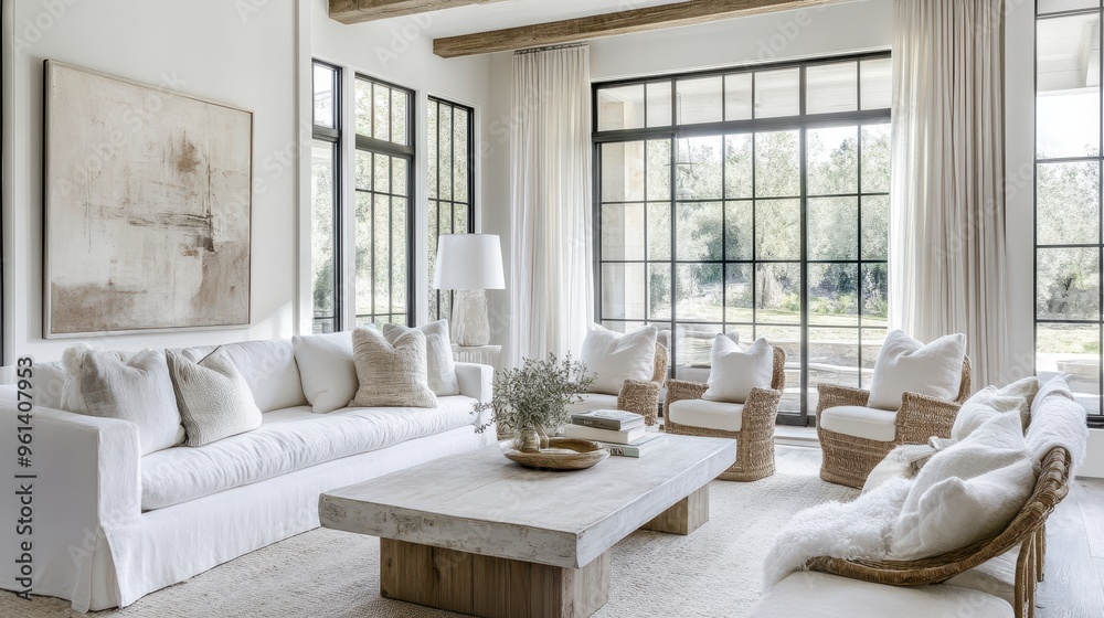 Obraz premium Bright and Airy Modern Living Room with Large Windows and Cozy White Furniture