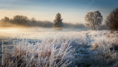 A foggy morning in a rural field with frost-covered grass photo