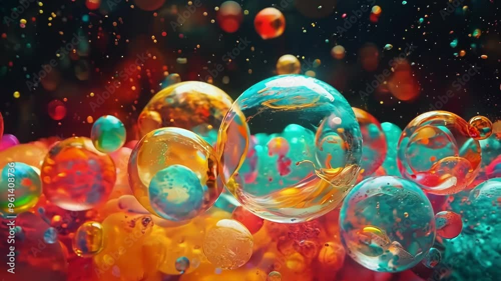 Captivating abstract image featuring a cluster of transparent spheres, some adorned with intricate patterns, floating amidst a backdrop of vibrant orange and blue hues Captivating abstract image featuring a cluster of transparent spheres, some adorned with intricate patterns, floating amidst a backdrop of vibrant orange and blue hues