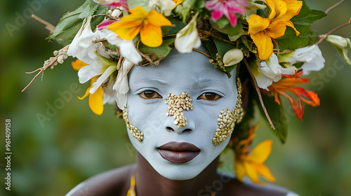 Detailed portrait of a Karo tribe woman from Ethiopia with elaborate white body paint and a headdress made of cowrie shells and flowers, captured with the rich textures of the Omo Valley as the photo