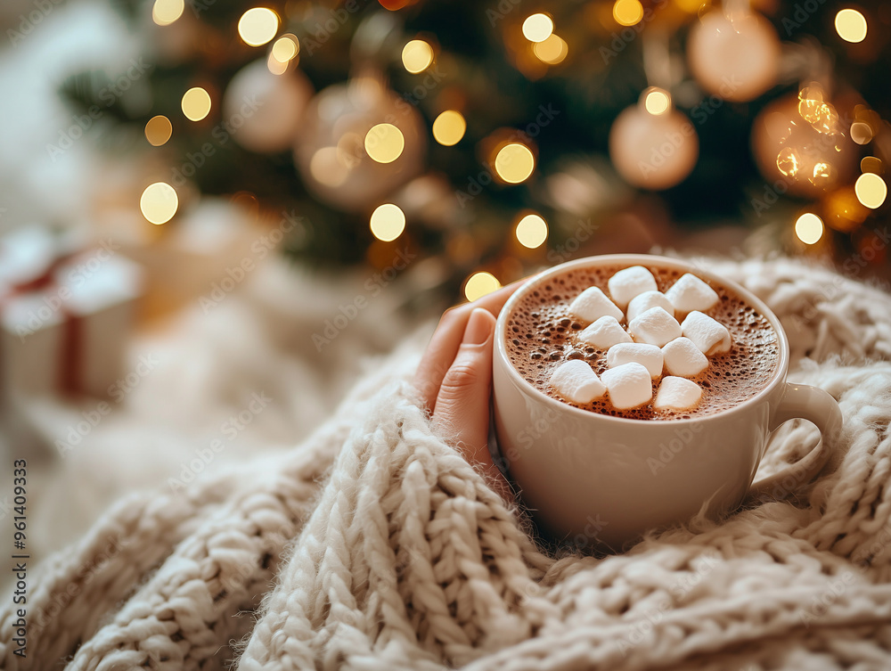 A person holding a mug with a hot beverage topped with marshmallows, wrapped in a cozy knitted blanket, with a Christmas tree and lights in the background, capturing the essence of comfort and warmth A person holding a mug with a hot beverage topped with marshmallows, wrapped in a cozy knitted blanket, with a Christmas tree and lights in the background, capturing the essence of comfort and warmth