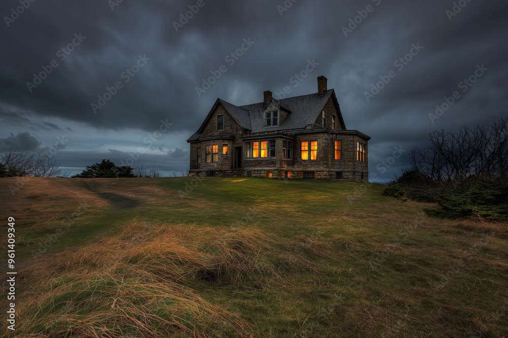 Old stone house is glowing on a hill at night as a storm gathers in the background Old stone house is glowing on a hill at night as a storm gathers in the background