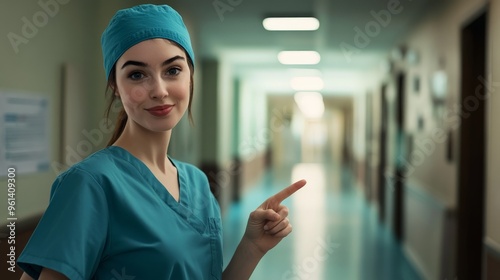 A nurse in blue scrubs and a surgical cap, smiling and pointing down a long, bright hospital corridor. The image radiates empathy and enthusiasm in healthcare. photo