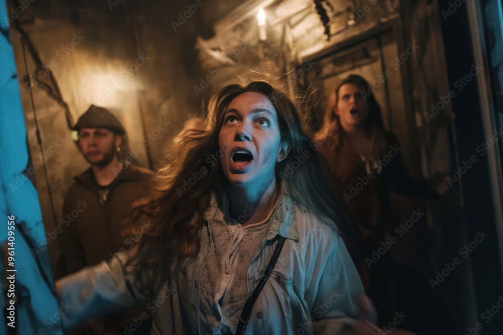 Fototapeta premium Group of friends is walking through a haunted house, with one woman screaming in terror