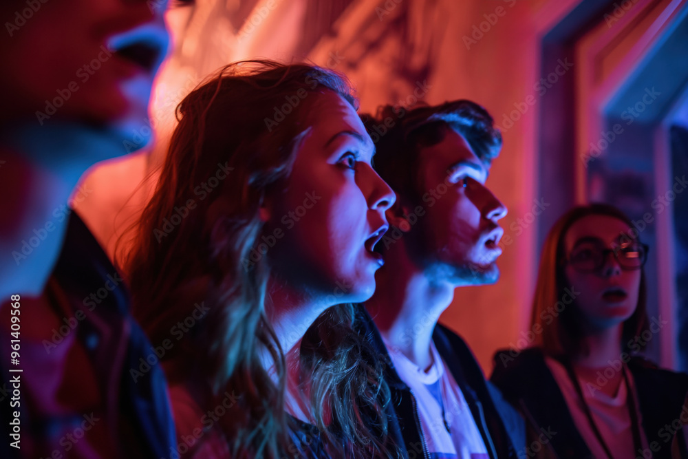 Group of friends experiencing a haunted house tour, with their faces illuminated by colorful lights and showing expressions of fear Group of friends experiencing a haunted house tour, with their faces illuminated by colorful lights and showing expressions of fear