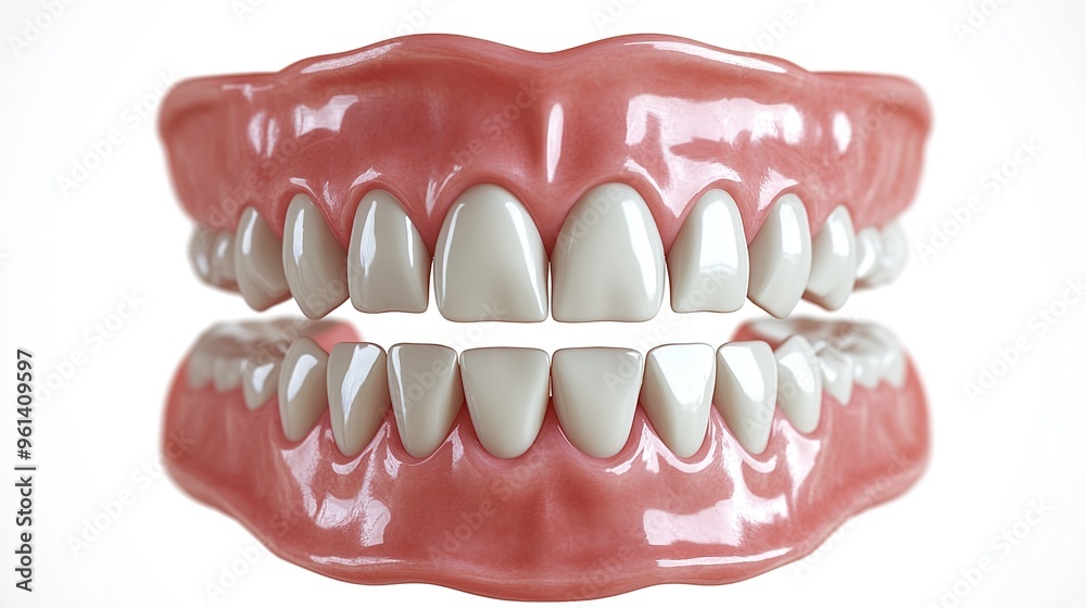 Obraz premium Realistic photo of teeth with white and pink coloring, front view, on an isolated white background 