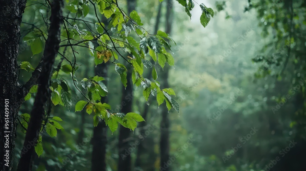 Green Leaves with Raindrops in a Forest Green Leaves with Raindrops in a Forest