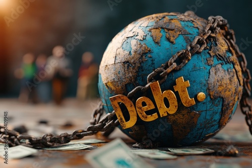 A world globe intricately wrapped in chains with the word 'Debt'. The image symbolizes global debt, financial constraints, and the weight of economic burdens on a worldwide scale. photo