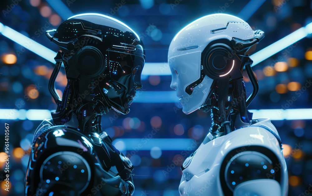 Fototapeta premium Two futuristic robots facing each other in a high-tech environment, symbolizing advanced technology and AI.