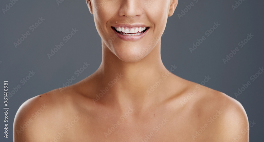 Φωτογραφία Happy woman, beauty and skincare with makeup for cosmetics or dental care on a gray studio background