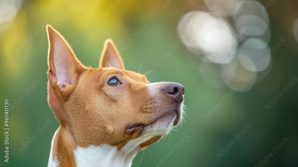A tight shot of a dog's expressive face against a softly blurred backdrop of trees and grass A tight shot of a dog's expressive face against a softly blurred backdrop of trees and grass