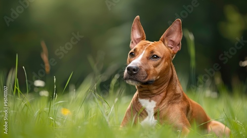  A brown-and-white dog lies atop a lush, green grassy field beside a yellow flower meadow