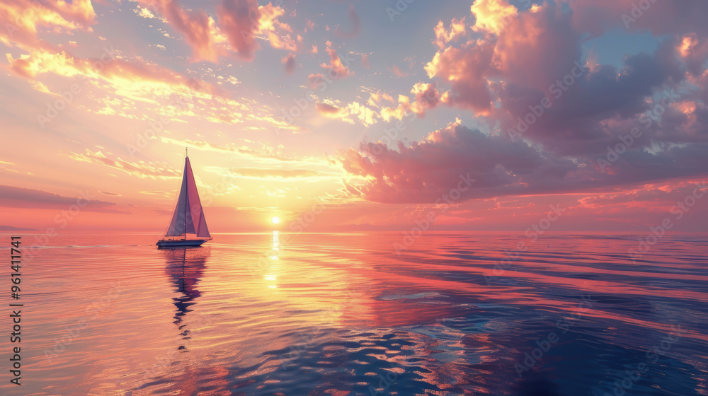 Fototapeta premium A stunning tropical sunset with a sailboat on the open ocean, reflecting warm hues of pink, orange, and purple across the sky