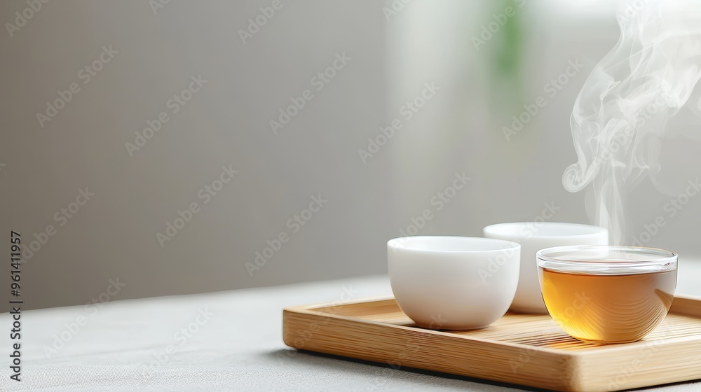 A minimalist tea set on a bamboo tray with steam rising from a freshly brewed cup A minimalist tea set on a bamboo tray with steam rising from a freshly brewed cup