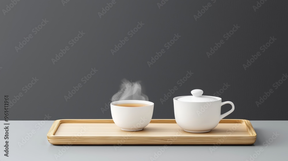 A minimalist tea set on a bamboo tray with steam rising from a freshly brewed cup A minimalist tea set on a bamboo tray with steam rising from a freshly brewed cup