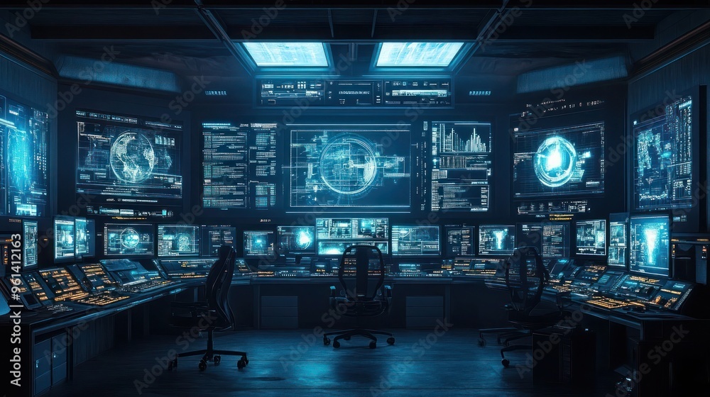 A high-tech control room where operators are monitoring multiple smart cameras and drones across the city, Smart City Monitoring: High-tech control room with drone and camera surveillance. A high-tech control room where operators are monitoring multiple smart cameras and drones across the city, Smart City Monitoring: High-tech control room with drone and camera surveillance.