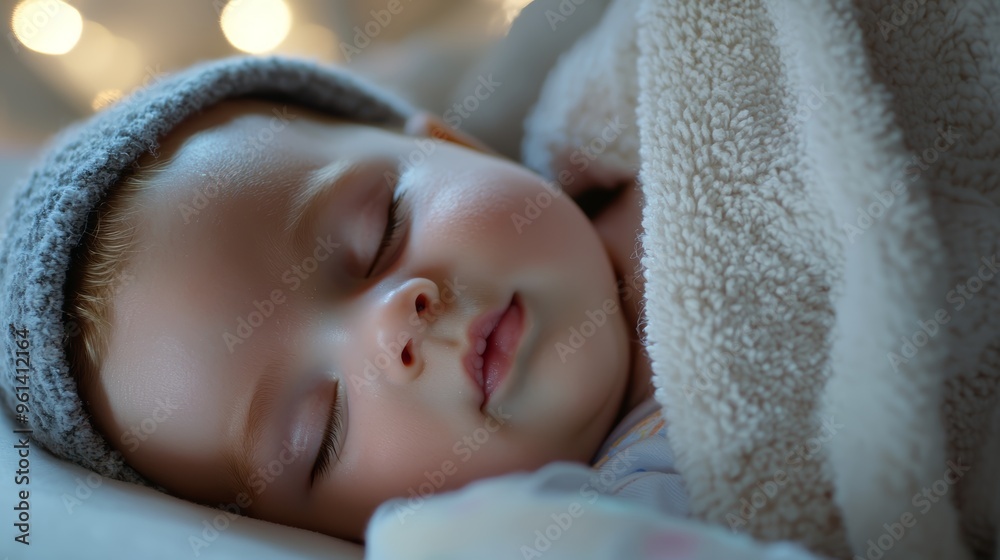 A newborn baby sleeping peacefully in a cozy blanket, with soft, warm lighting A newborn baby sleeping peacefully in a cozy blanket, with soft, warm lighting