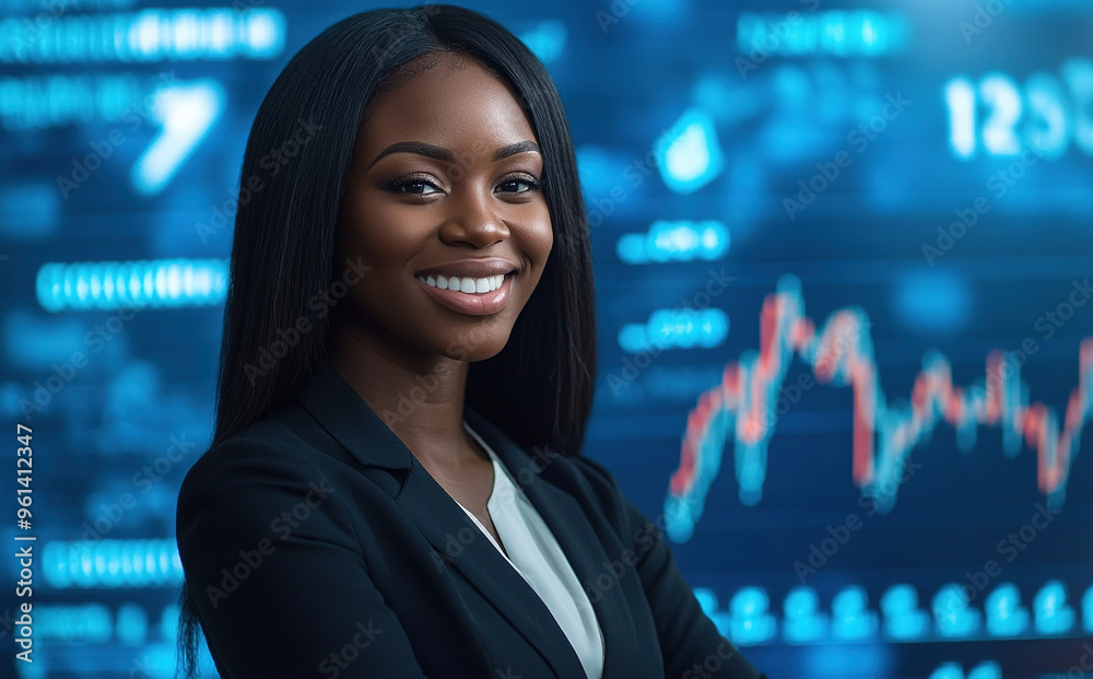 A beautiful, well-dressed Black businesswoman standing in front of a stock market chart with an arrow pointing upward. A beautiful, well-dressed Black businesswoman standing in front of a stock market chart with an arrow pointing upward.