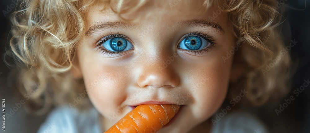 Naklejka premium Adorable child with blue eyes, happily biting into a fresh carrot