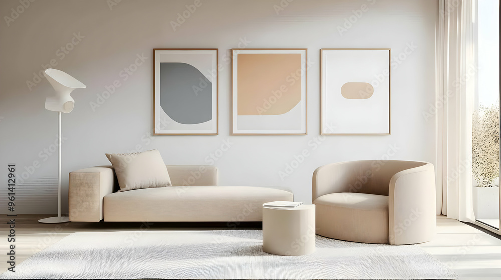 Fototapeta premium Modern living room featuring minimalist furniture and abstract art.