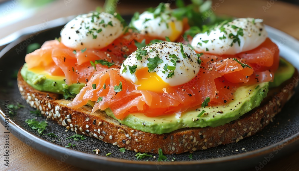 Avocado toast with poached eggs and smoked salmon on a rustic plate, garnished with herbs Avocado toast with poached eggs and smoked salmon on a rustic plate, garnished with herbs