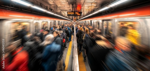 A crowded subway station during rush hour, people moving in all directions photo