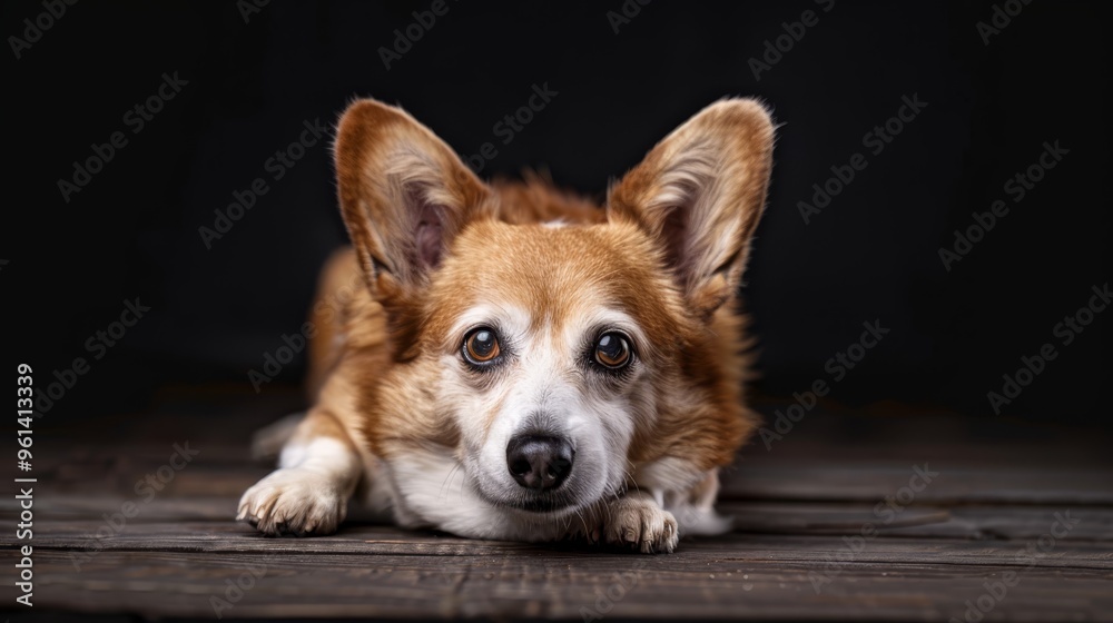 A tight shot of a dog reclining on a wooden floor, its head resting on its paws A tight shot of a dog reclining on a wooden floor, its head resting on its paws