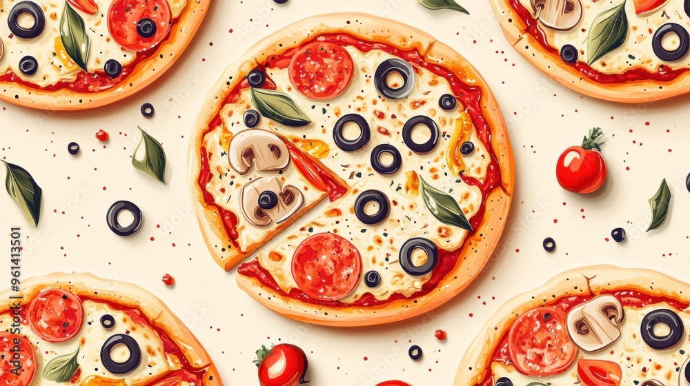 Delicious Pizza Toppings with Basil Leaves and Cherry Tomatoes