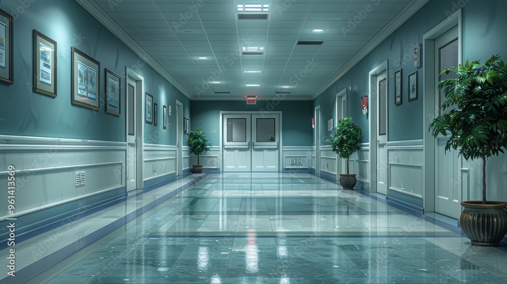 Fototapeta premium A well-lit hospital corridor with potted plants and framed pictures on the walls.