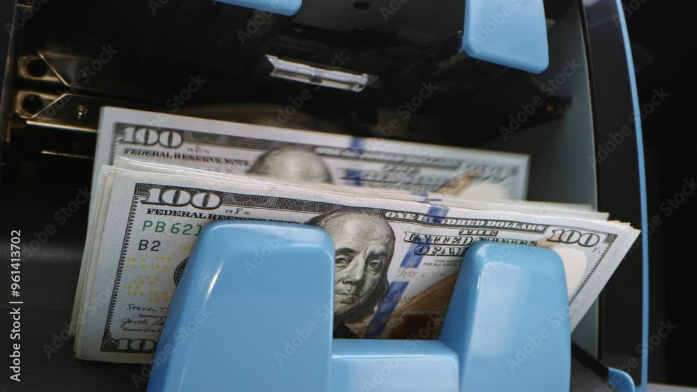 Counting cash at a bank ATM in the city during the afternoon on a busy weekday morning