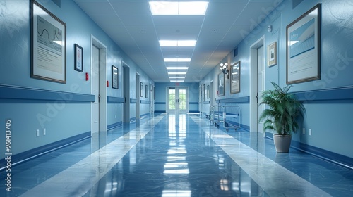 A clean, well-lit hospital corridor with blue walls and framed artwork.