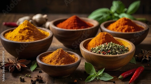 Assortment of Spices in Wooden Bowls on a Rustic Wooden Table