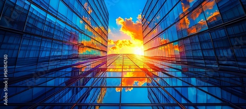 Modern business skyscrapers reflecting a vibrant sunset. Ideal for corporate branding, real estate projects, and business presentations.